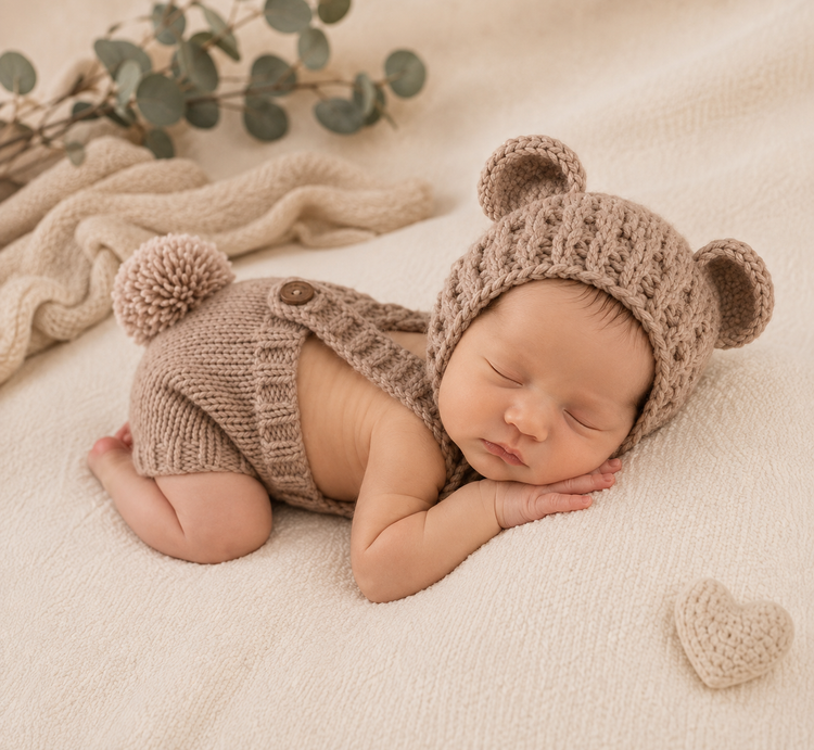 A sleeping newborn baby wearing a knitted brown bear-ear bonnet and matching diaper cover, posed on a soft cream blanket with a small knitted heart prop nearby.



newborn bear outfit, newborn photography, newborn photo prop, baby bear outfit, teddy bear outfit, newborn romper, knit baby romper, newborn boy outfit, newborn girl outfit, gender neutral baby, newborn photoshoot, baby photo outfit, bear ear hat, newborn bonnet, knit newborn outfit, newborn gift, baby shower gift, birth announcement outfit, newb