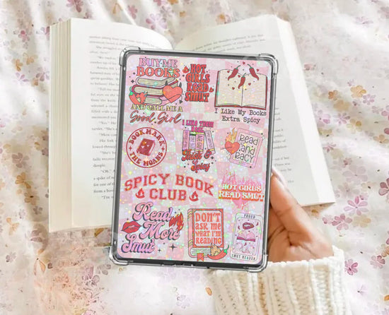 Glossy Kindle insert with colorful smut romance bookish stickers on white background. - Kindle Insert - Smut Romance