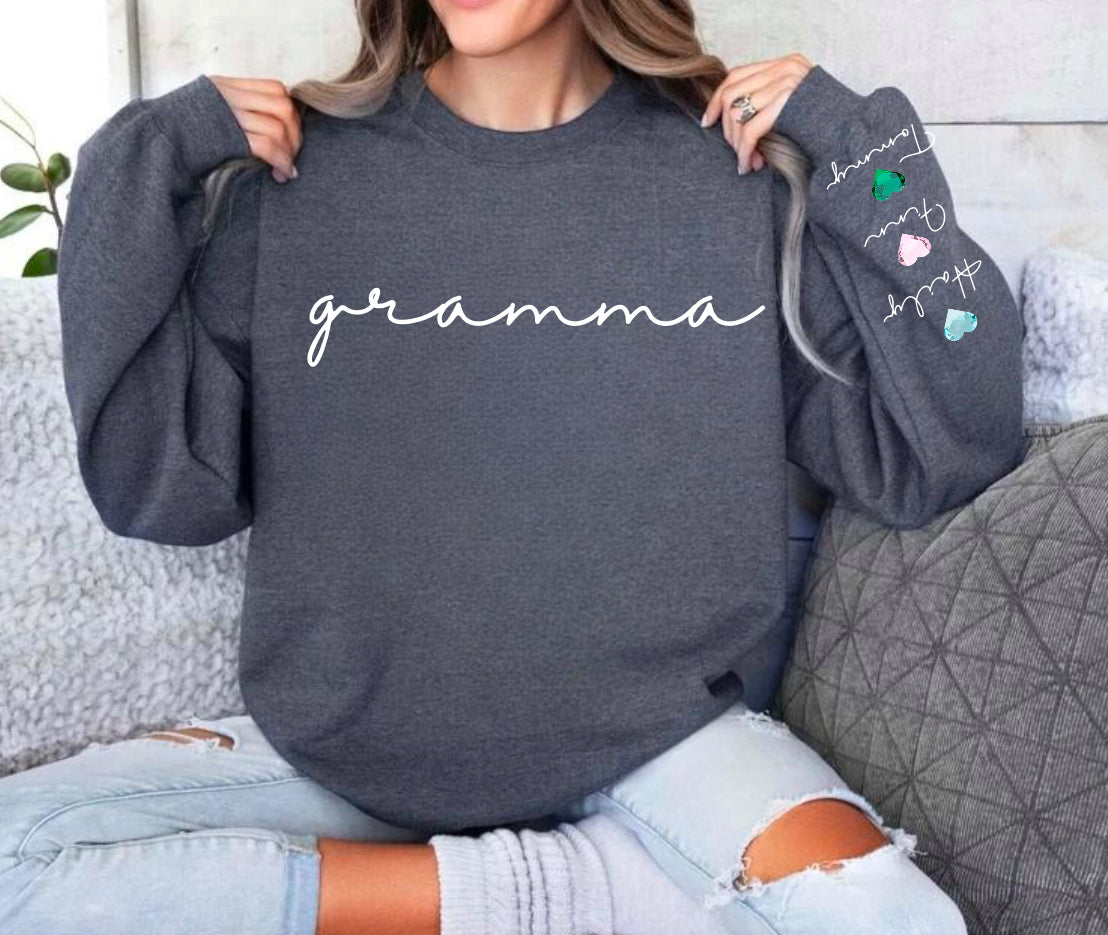 Custom Mama Birthstone Hearts with children’s name on sleeve Hippo Boutique