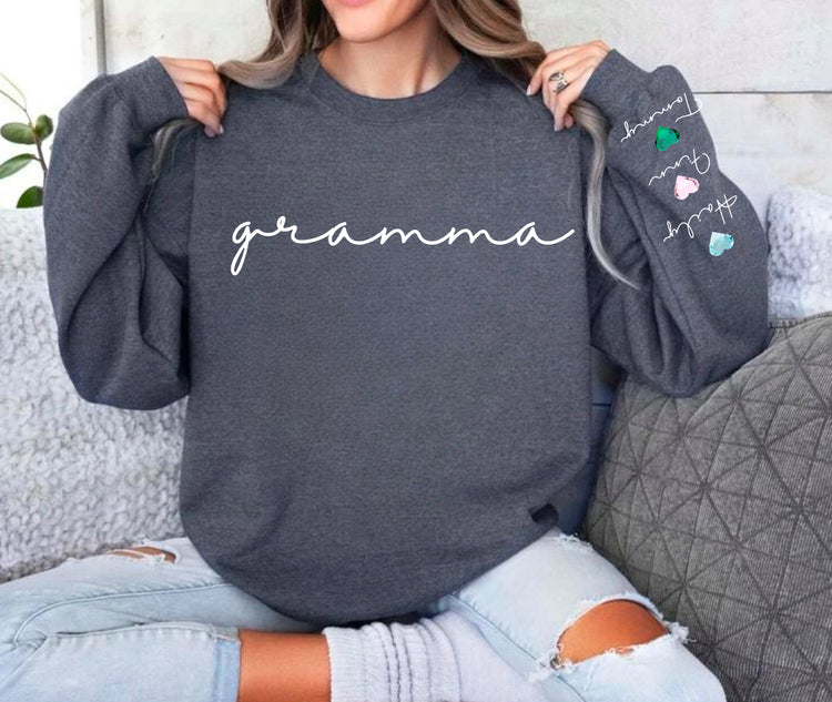 Custom Mama Birthstone Hearts with children’s name on sleeve Hippo Boutique
