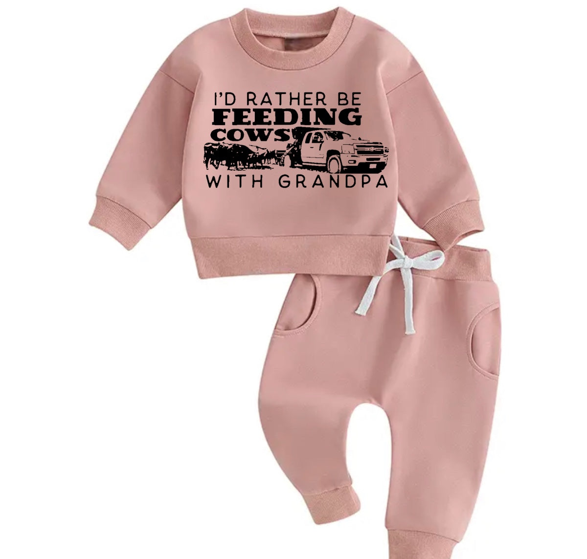 Feeding cows with grandpa Baby Outfit set sweatshirt and pants Hippo Boutique