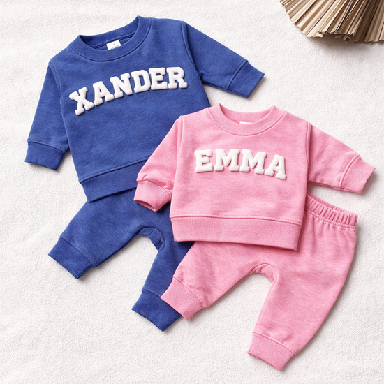 personalized kids outfit, custom name outfit, puff name sweatshirt, baby sweatsuit set, toddler outfit set, custom baby clothes, name sweatshirt kids, chenille name sweater, personalized gift baby, kids lounge set, matching sweatsuit kids, custom toddler gift, aesthetic baby outfit