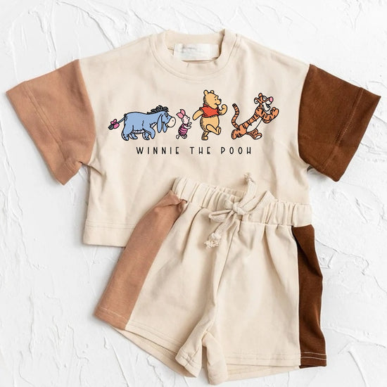 Baby and Kids cotton color block Pooh bear t-shirt & shorts outfit