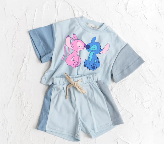 Stitch Baby and Kids cotton color block t-shirt & shorts outfit