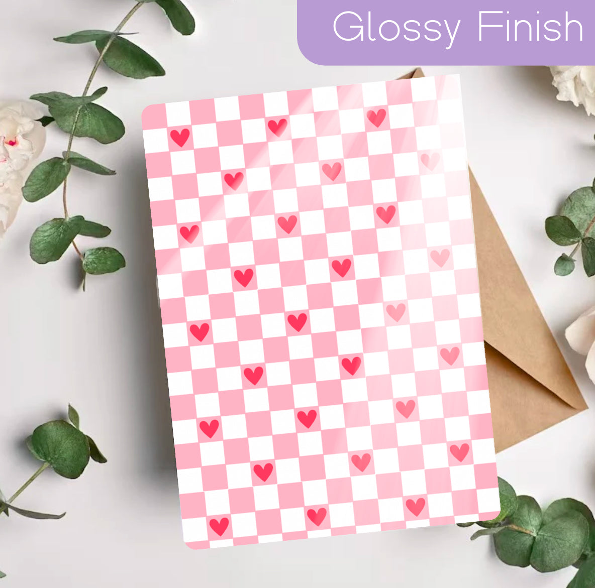 Pink checkered Kindle insert with scattered red hearts and a glossy finish, handmade and comfortable design. - Kindle Insert - Pink Checkered Hearts