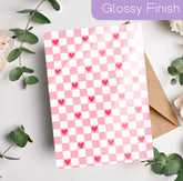Pink checkered Kindle insert with scattered red hearts and a glossy finish, handmade and comfortable design. - Kindle Insert - Pink Checkered Hearts