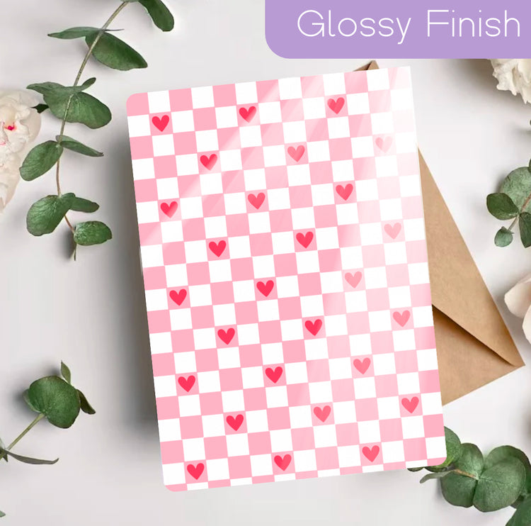 Pink checkered Kindle insert with scattered red hearts and a glossy finish, handmade and comfortable design. - Kindle Insert - Pink Checkered Hearts