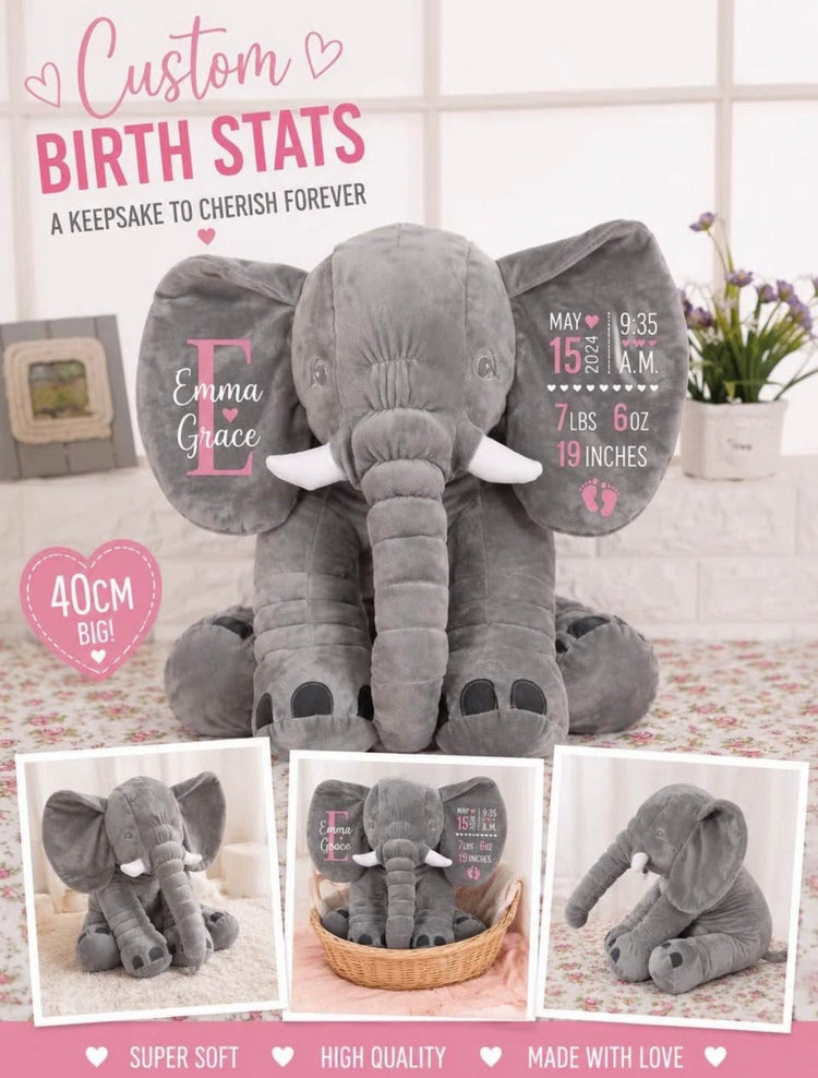 Personalized Baby Birth Stats Elephant – Custom Name & Newborn Keepsake Hippo Boutique