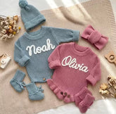 Personalized Baby Knit Romper Set Custom Name Embroidered Hippo Boutique