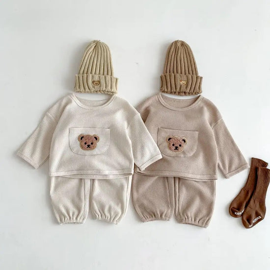 Teddy Bear Waffle Knit Sweatshirt & Pants Set Hippo Boutique