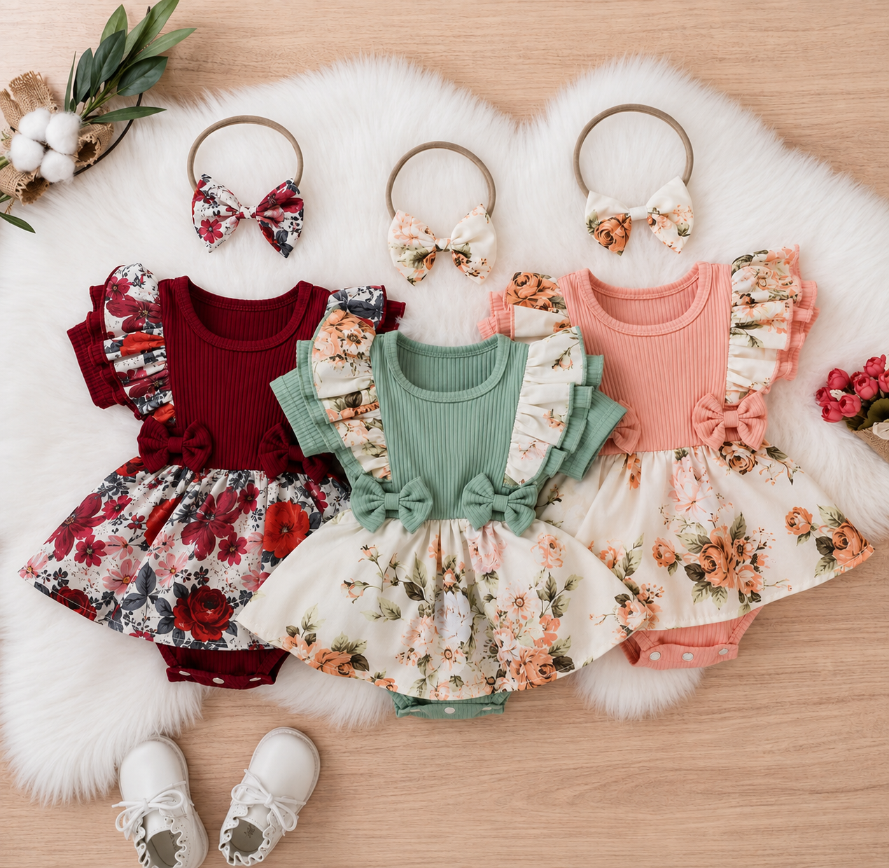 Floral Ruffle Baby Girl Romper Dress with Matching Bow Headband Hippo Boutique