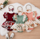 Floral Ruffle Baby Girl Romper Dress with Matching Bow Headband Hippo Boutique