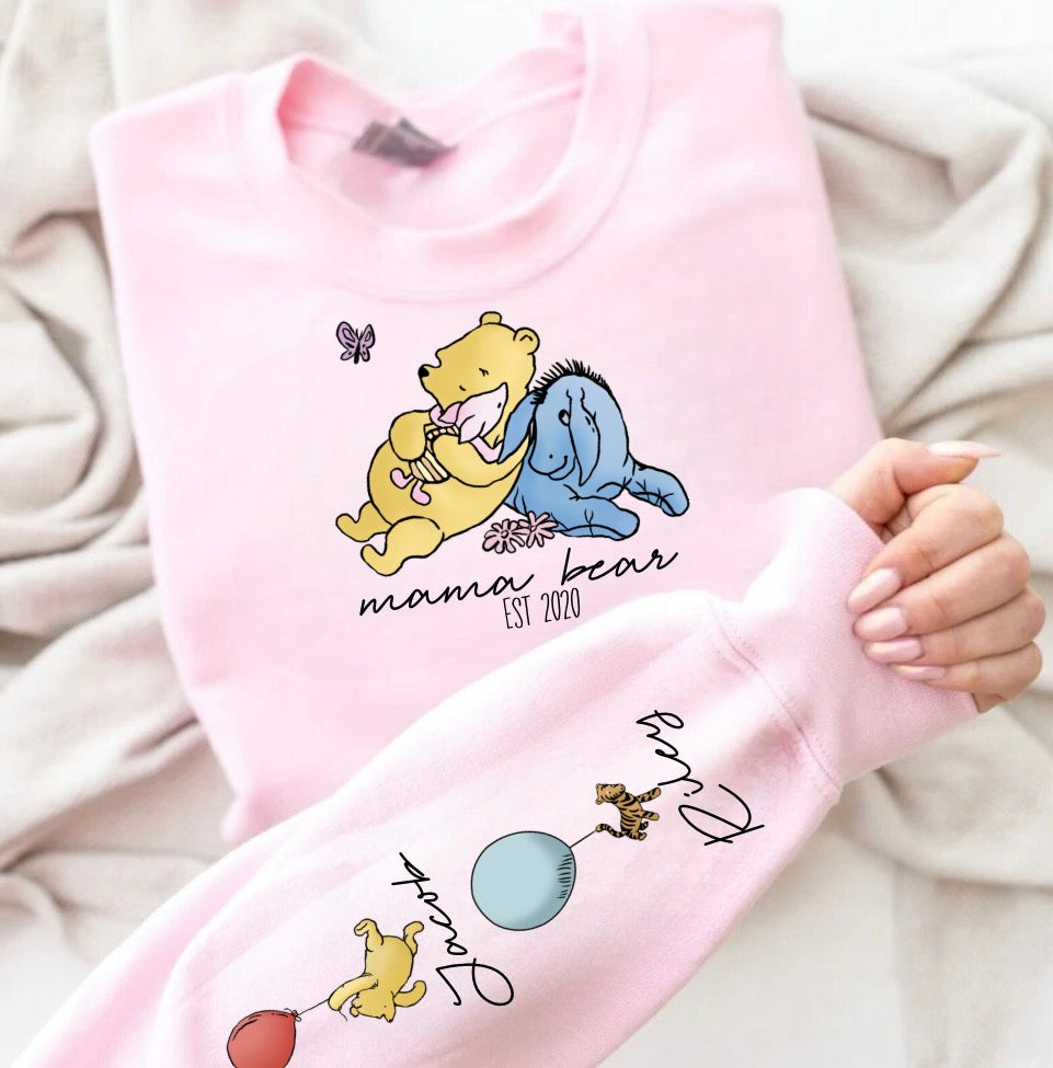 Custom Mama Bear Sweatshirt with children’s name on sleeve Hippo Boutique