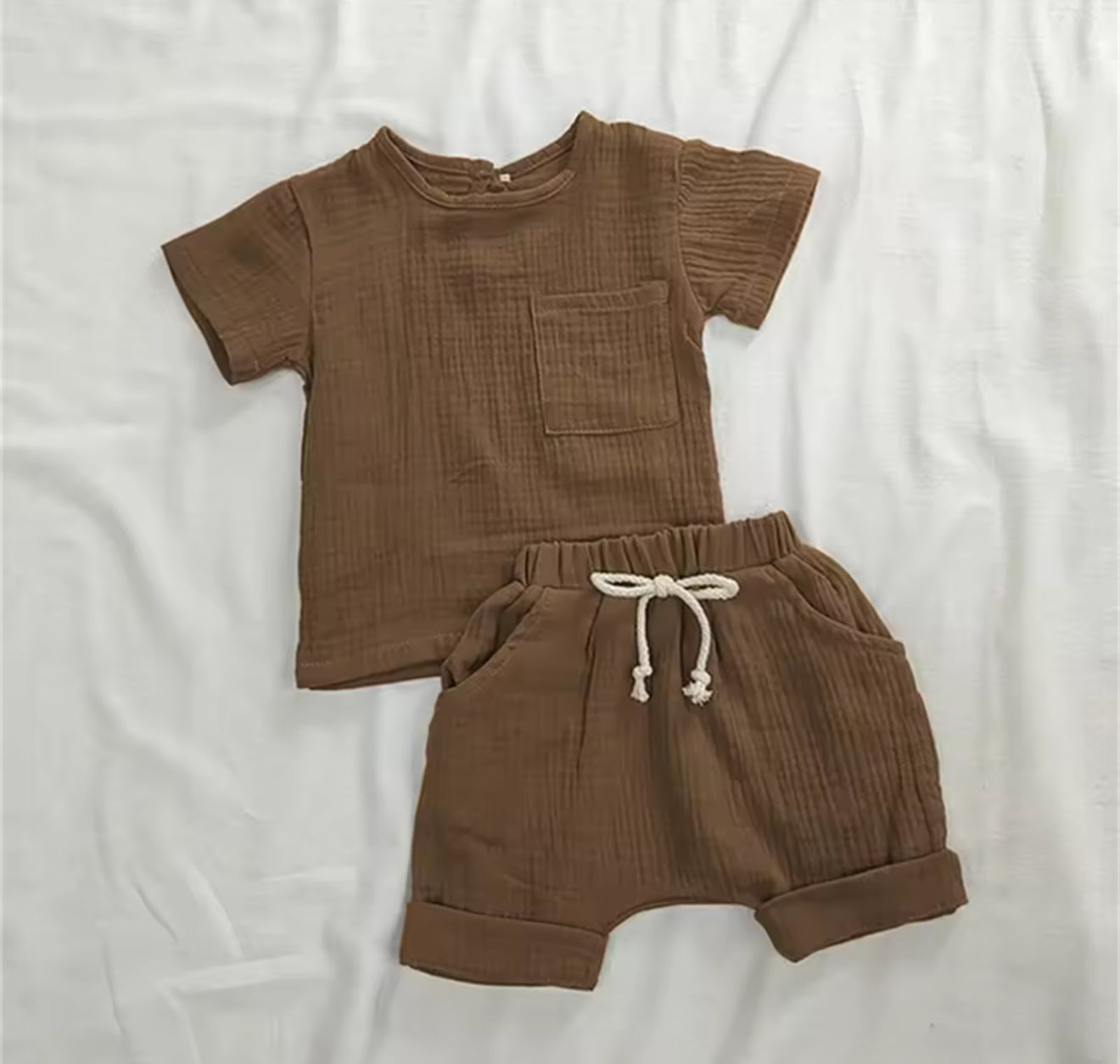 Handmade organic cotton baby clothes in soft coffee color, comfortable Canadian waffle knit shirt and shorts set. - Waffle Cotton T-Shirt & Shorts Outfit