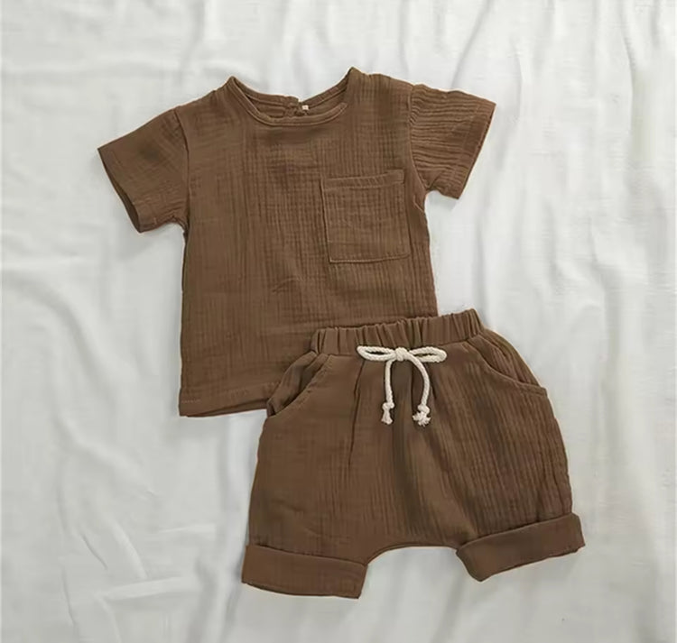 Handmade organic cotton baby clothes in soft coffee color, comfortable Canadian waffle knit shirt and shorts set. - Waffle Cotton T-Shirt & Shorts Outfit