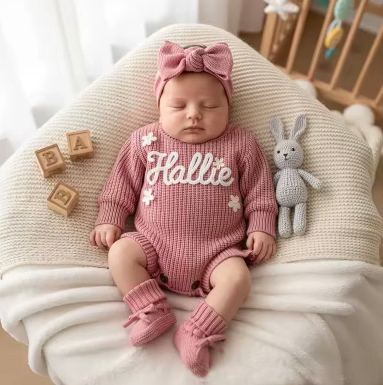 Personalized Baby Knit Romper Set Custom Name Embroidered Hippo Boutique