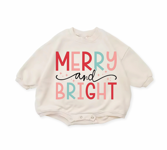 Merry & Bright Christmas baby Oversized Sweatshirt Romper Hippo Boutique