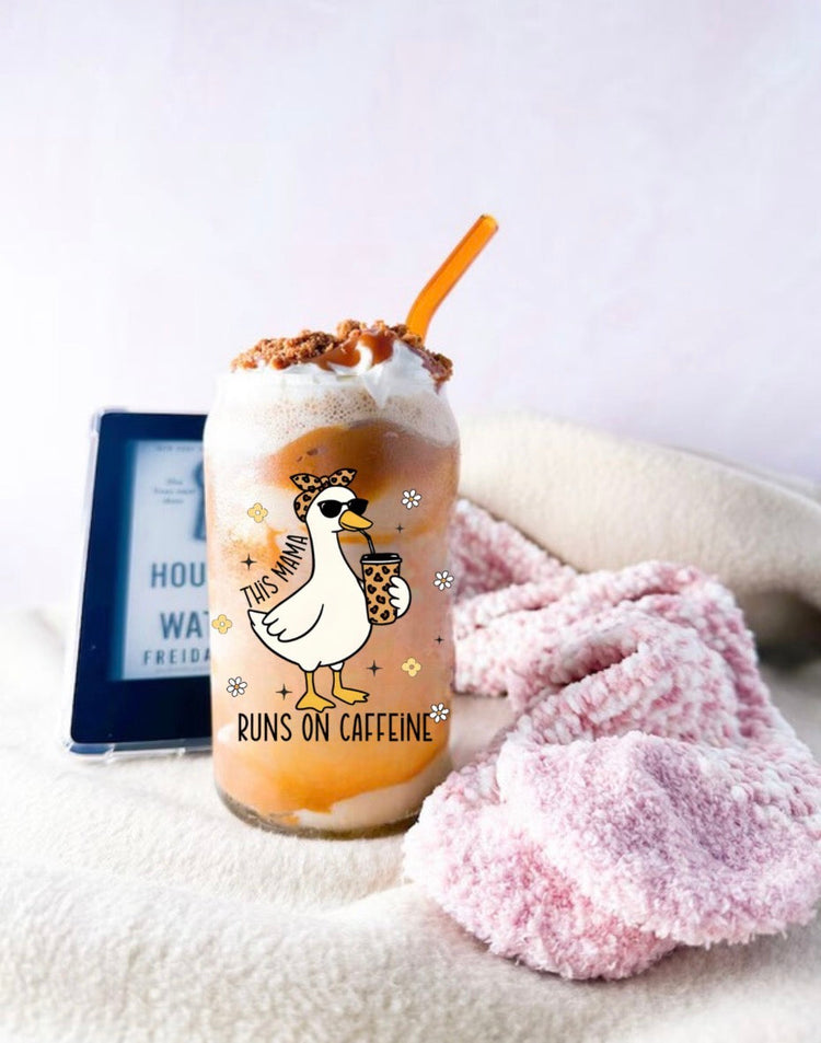 This Mama Runs on Caffeine Goose glass Tumbler Hippo Boutique