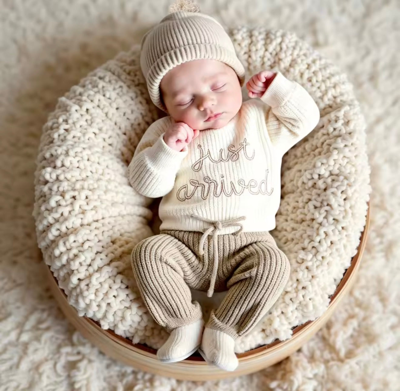A sleeping newborn baby wearing a cream knit onesie with &