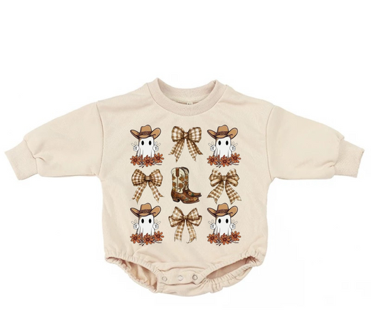 Cute Cowboy Ghosts Halloween Baby Oversized Romper French Terry Hippo Boutique