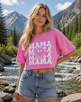 Retro Mama Smile Acid Washed 100% Cotton Oversized Cropped T-Shirts Hippo Boutique