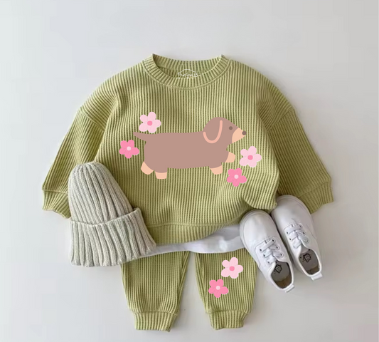 Baby Waffle Knit Jogger Outfit - Floral Dachshund Hippo Boutique