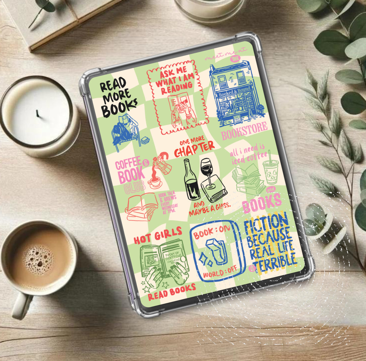 Kindle Insert - Green Checkered Hand Drawn Bookish Hippo Boutique