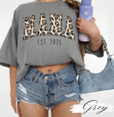 Leopard Print Mama with EST Date Women’s T-Shirt Hippo Boutique
