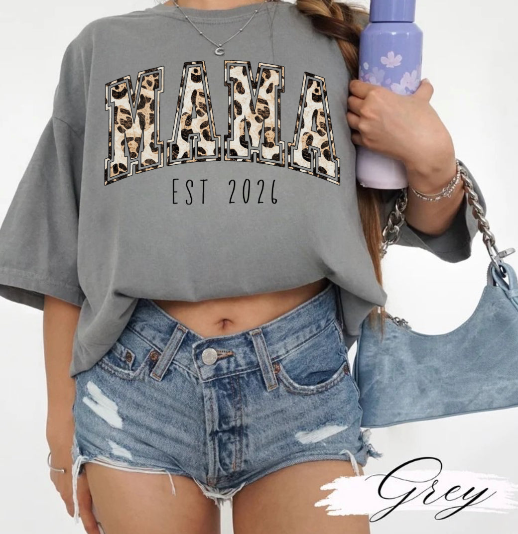Leopard Print Mama with EST Date Women’s T-Shirt Hippo Boutique