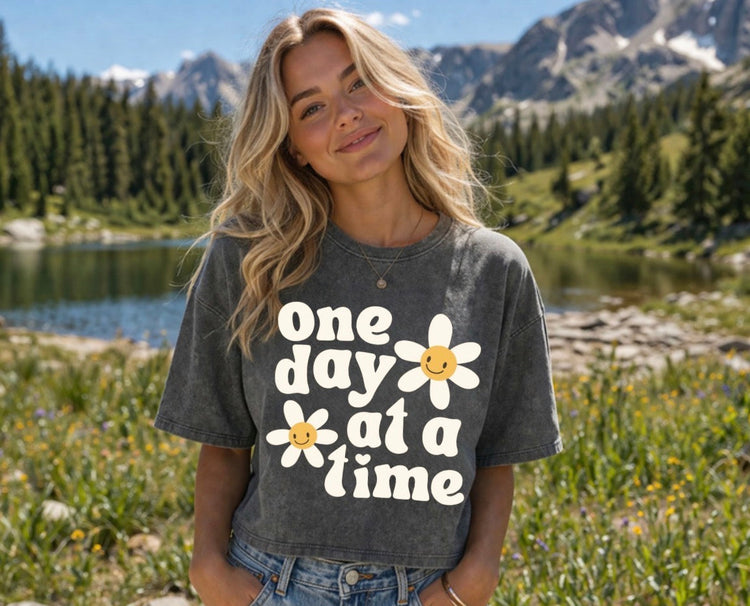 Oversized Washed Cropped T-Shirts - One Day at a time Hippo Boutique