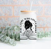 Frosted glass tumbler with wooden lid, black floral and book design, and "Just a Girl Who Loves Books" text. - Floral Just a Girl Who Loves Books Glass Cup