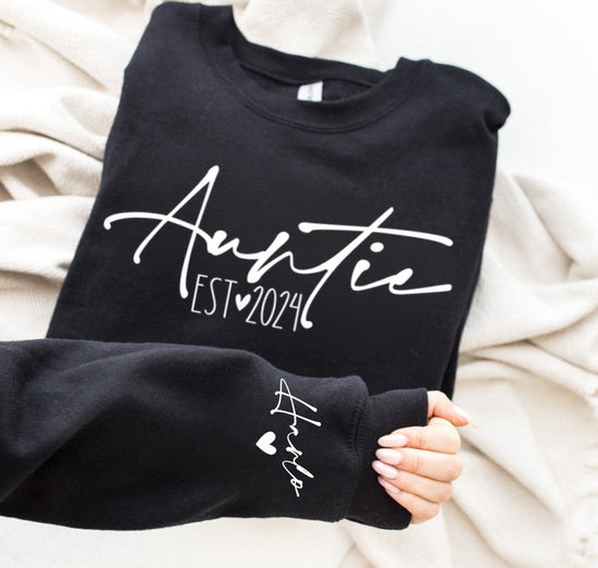 Custom Auntie Sweatshirt with children’s name on sleeve