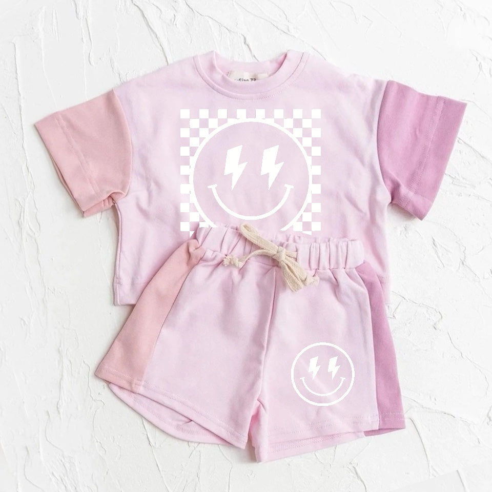 Retro Smile Baby and Kids cotton color block t-shirt & shorts outfit Hippo Boutique