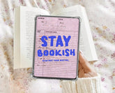 Pink stay bookish library card Kindle insert with hand drawn bookish designs pink kindle insert halo graphic kindle card stock