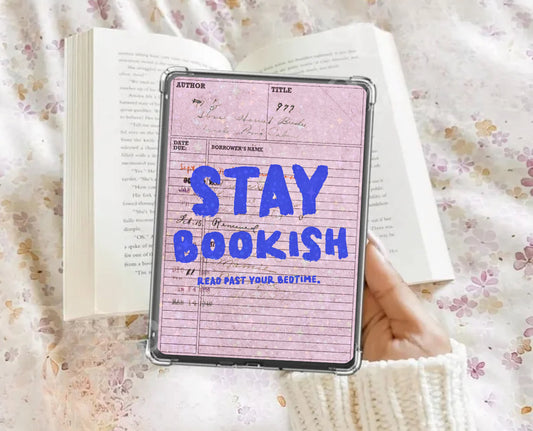 Pink stay bookish library card Kindle insert with hand drawn bookish designs pink kindle insert halo graphic kindle card stock