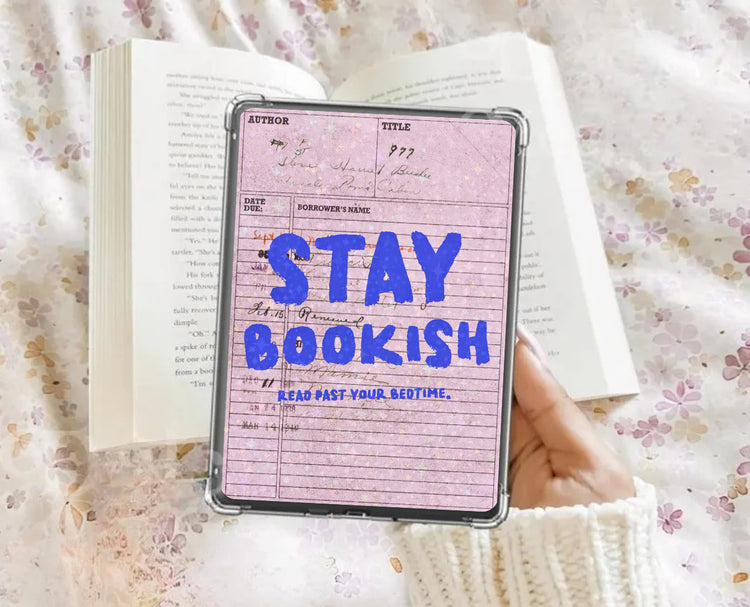 Pink stay bookish library card Kindle insert with hand drawn bookish designs pink kindle insert halo graphic kindle card stock