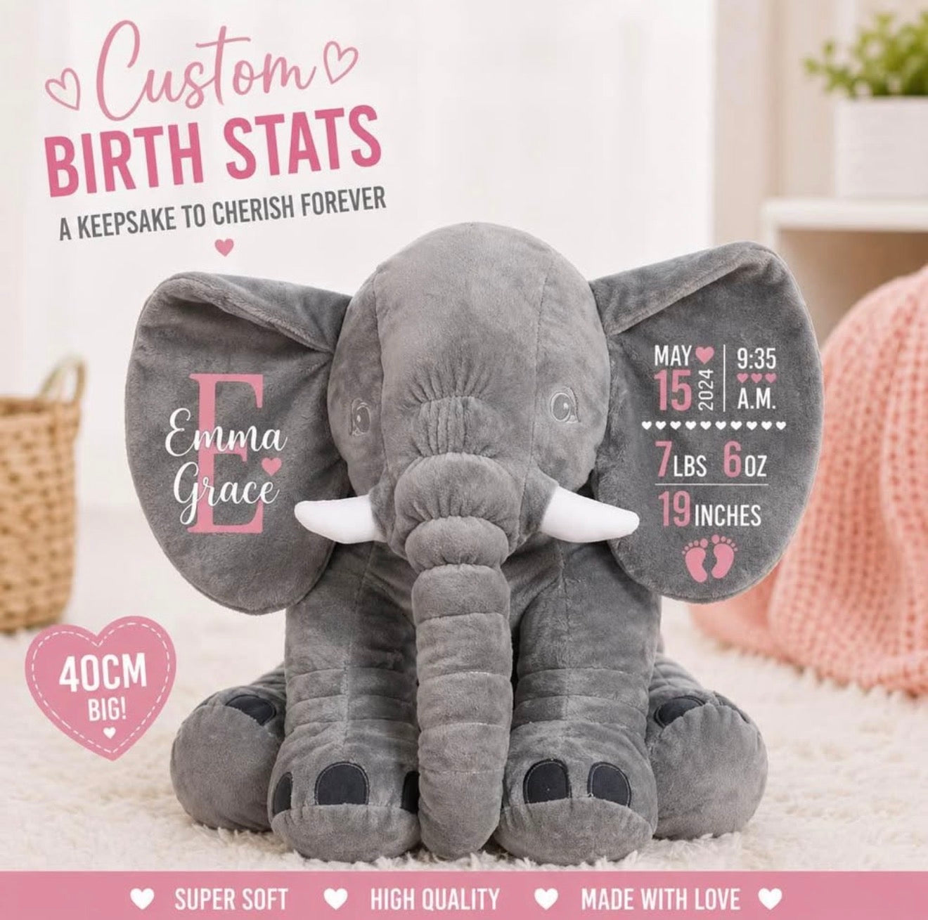 Personalized Baby Birth Stats Elephant – Custom Name & Newborn Keepsake Hippo Boutique
