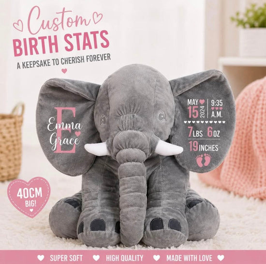 Personalized Baby Birth Stats Elephant – Custom Name & Newborn Keepsake Hippo Boutique