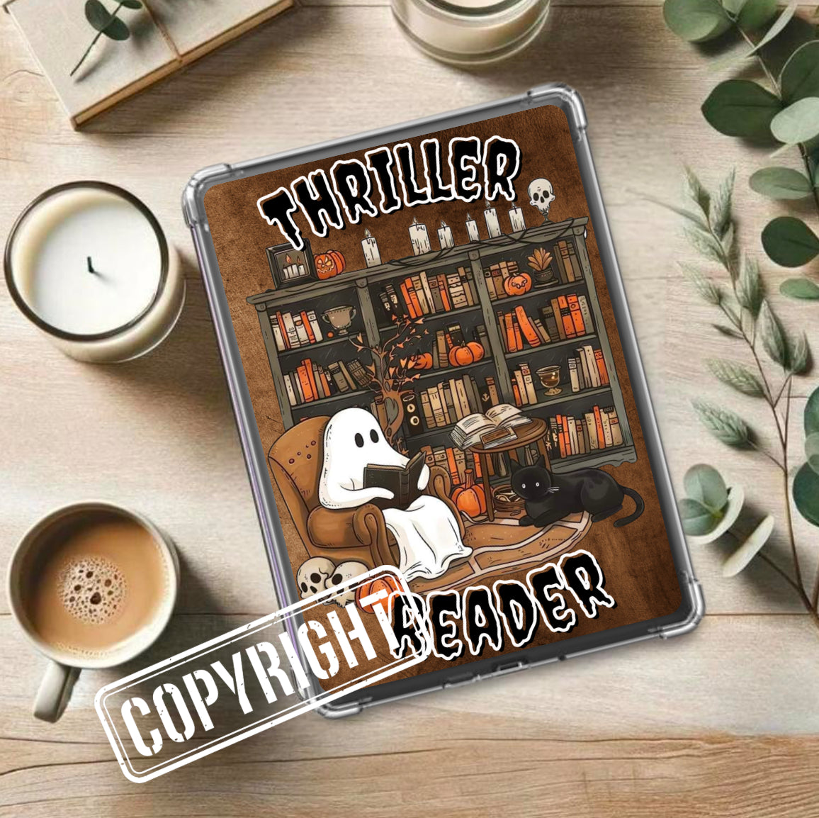 Kindle insert with cute ghost reading in cozy bookshelf scene, handmade, organic style. - Kindle Insert - Cute Thriller Reader Ghost
