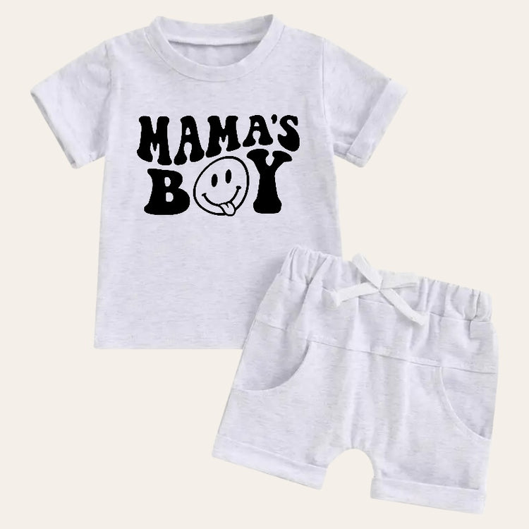 Mama’s Boy Smile Baby and Toddler t-shirt & pocket shorts outfit Hippo Boutique