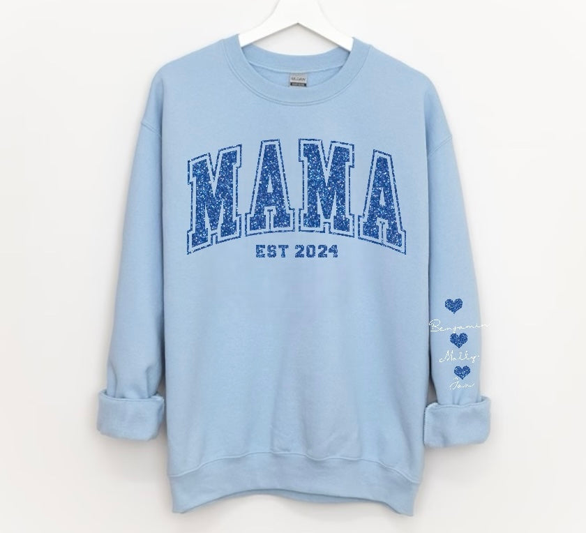 Glitter Mama Sweatshirt with children’s name on sleeve Hippo Boutique