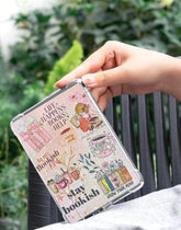 Pink Kindle insert with floral and book-themed illustrations and words like Stay Bookish and Life Happens Reading Helps. - Kindle Insert - Stay Bookish