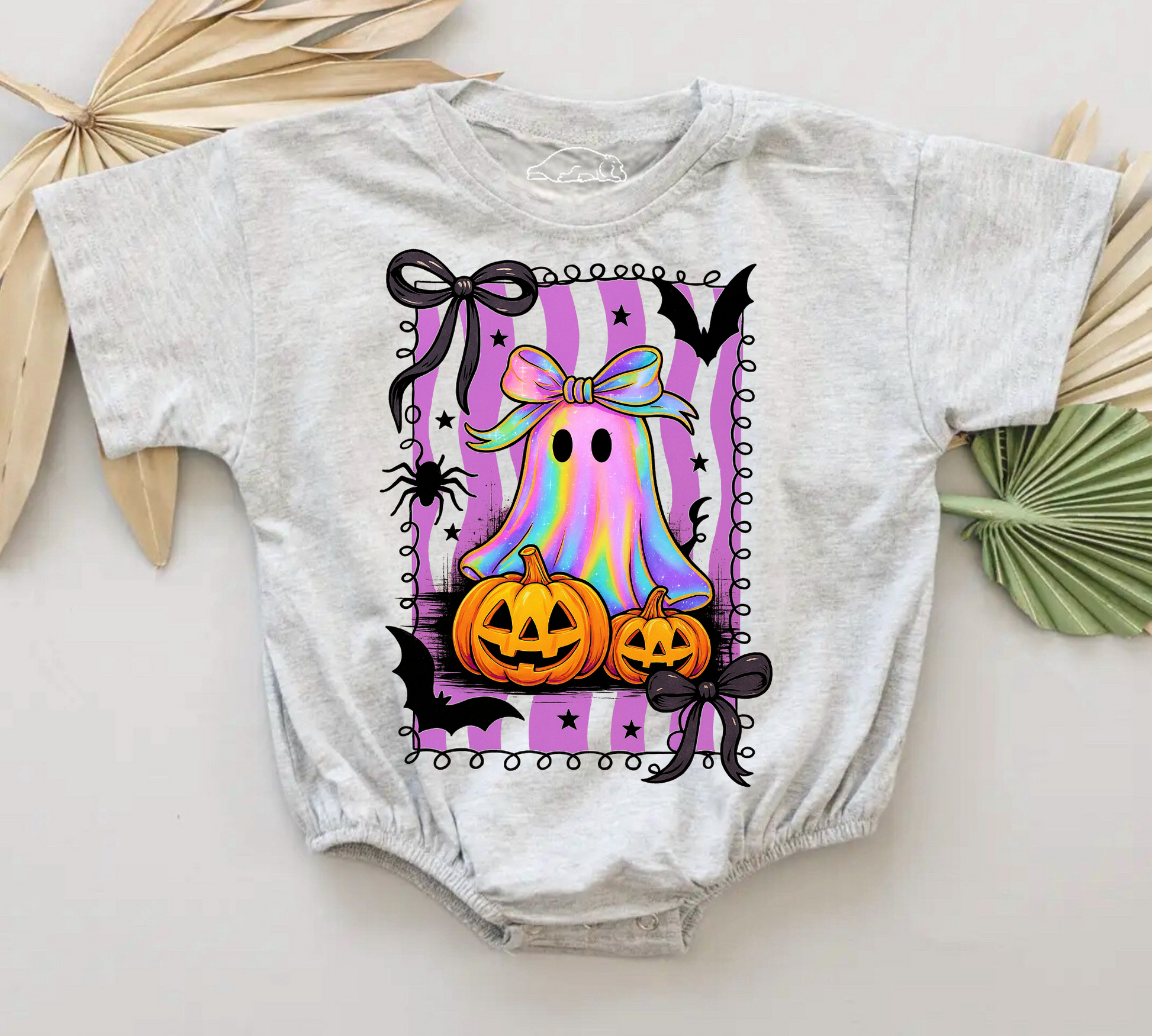 Adorable and comfy cotton baby and toddler t-shirt bubble romper with sweet Halloween Spooky Ghost print. Baby tshirt bubble romper Canada toddler tshirt Halloween 