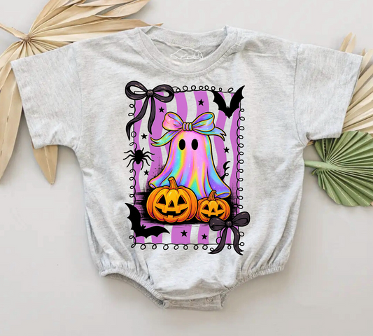 Adorable and comfy cotton baby and toddler t-shirt bubble romper with sweet Halloween Spooky Ghost print. Baby tshirt bubble romper Canada toddler tshirt Halloween 