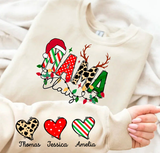Custom Christmas Mama Sweatshirt with children’s name on sleeve Hippo Boutique