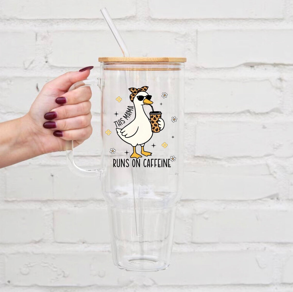 This Mama Runs on Caffeine Goose glass Tumbler Hippo Boutique