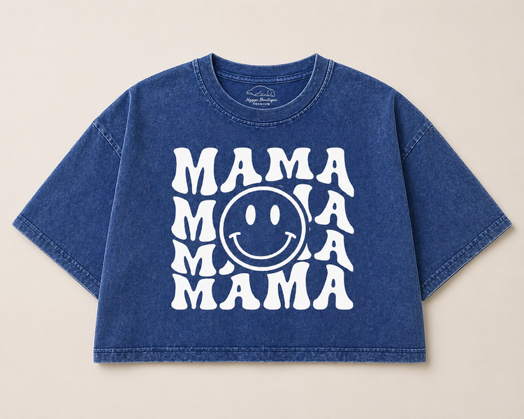 Retro Mama Smile Acid Washed 100% Cotton Oversized Cropped T-Shirts Hippo Boutique