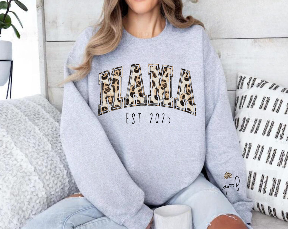 Custom Mama Leaopard Print Sweatshirt with children’s name on sleeve Hippo Boutique