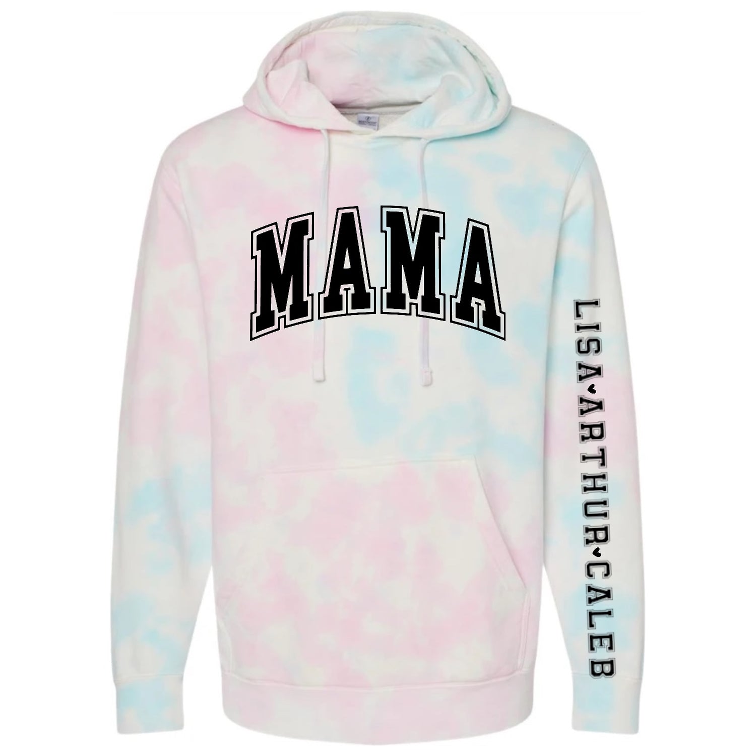 Custom Varsity Mama Tie Dye Hoodies with children’s name on sleeve Hippo Boutique