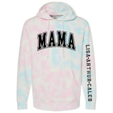 Custom Varsity Mama Tie Dye Hoodies with children’s name on sleeve Hippo Boutique